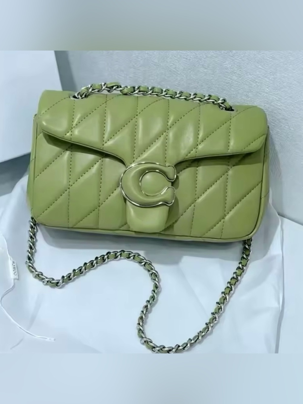 New designer inspired Quilted Chain Shoulder Bag in Olive Green